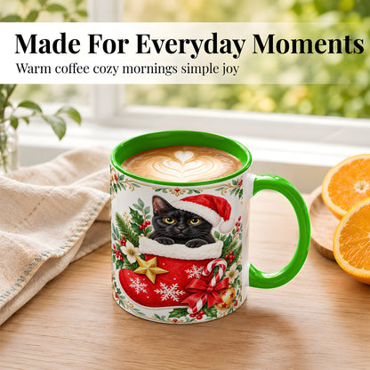 #pl[11oz|Green] Black Cat Christmas Stocking Coffee Mug, Holiday Cat Mug, Ceramic Cup