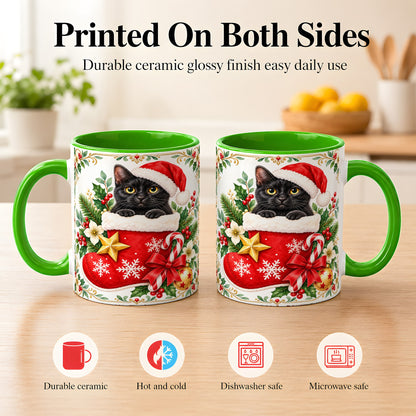 #pl[11oz|Green] Black Cat Christmas Stocking Coffee Mug, Holiday Cat Mug, Ceramic Cup