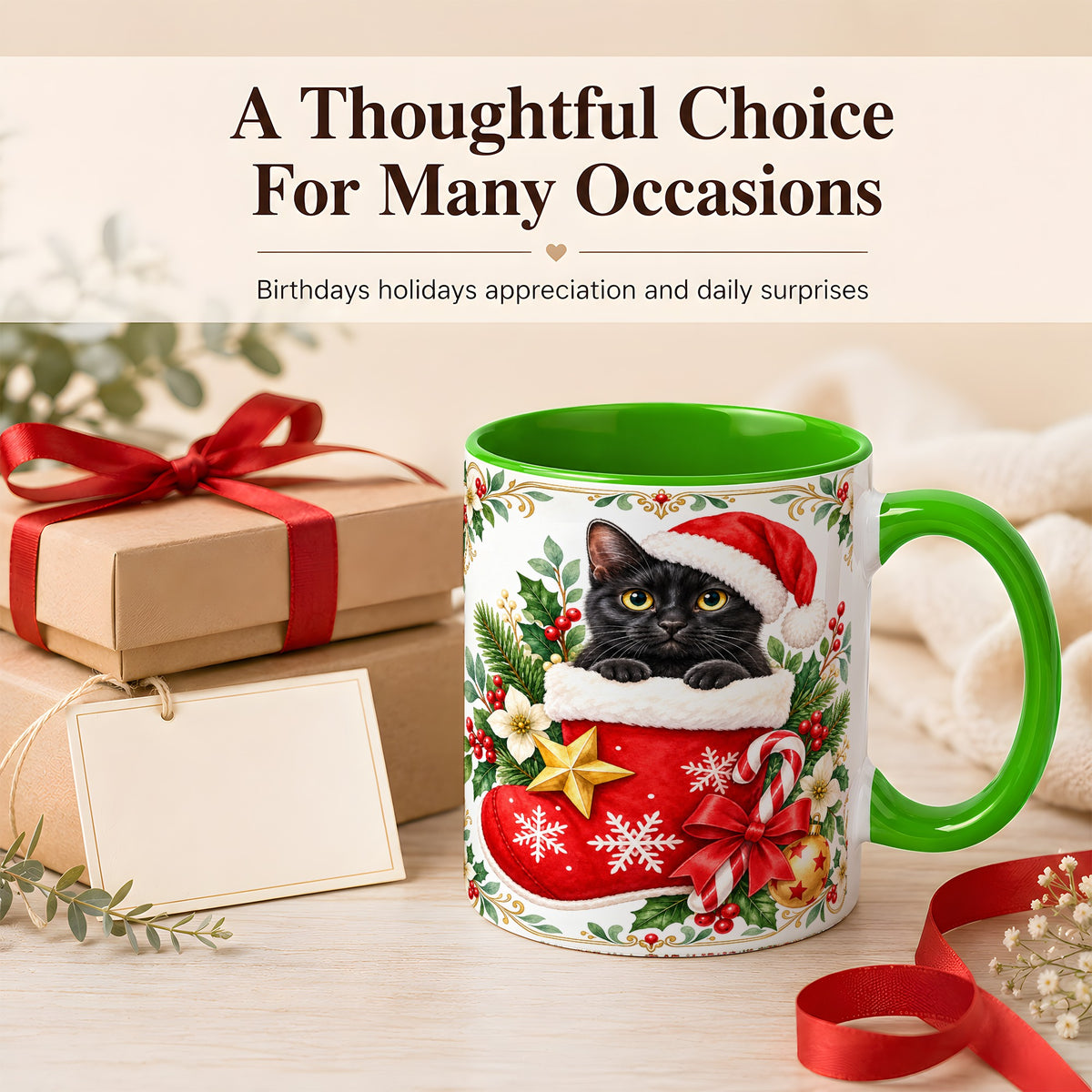 #pl[11oz|Green] Black Cat Christmas Stocking Coffee Mug, Holiday Cat Mug, Ceramic Cup