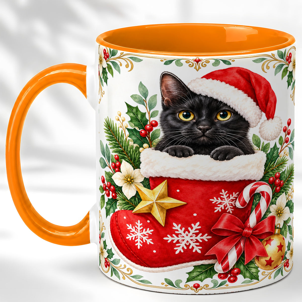 #pl[11oz|Orange] Black Cat Christmas Stocking Coffee Mug, Holiday Cat Mug, Ceramic Cup