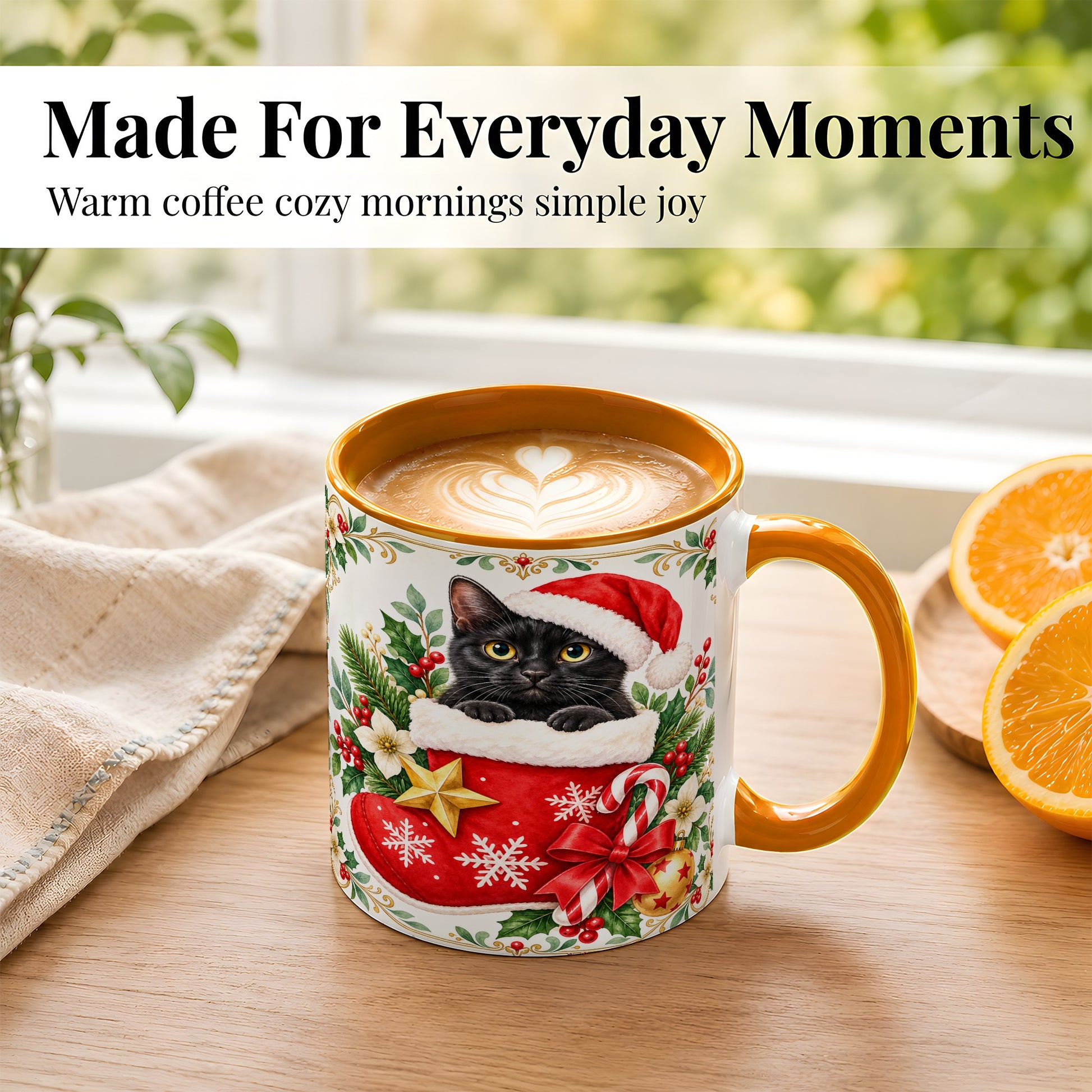 #pl[11oz|Orange] Black Cat Christmas Stocking Coffee Mug, Holiday Cat Mug, Ceramic Cup