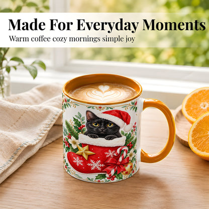 #pl[11oz|Orange] Black Cat Christmas Stocking Coffee Mug, Holiday Cat Mug, Ceramic Cup