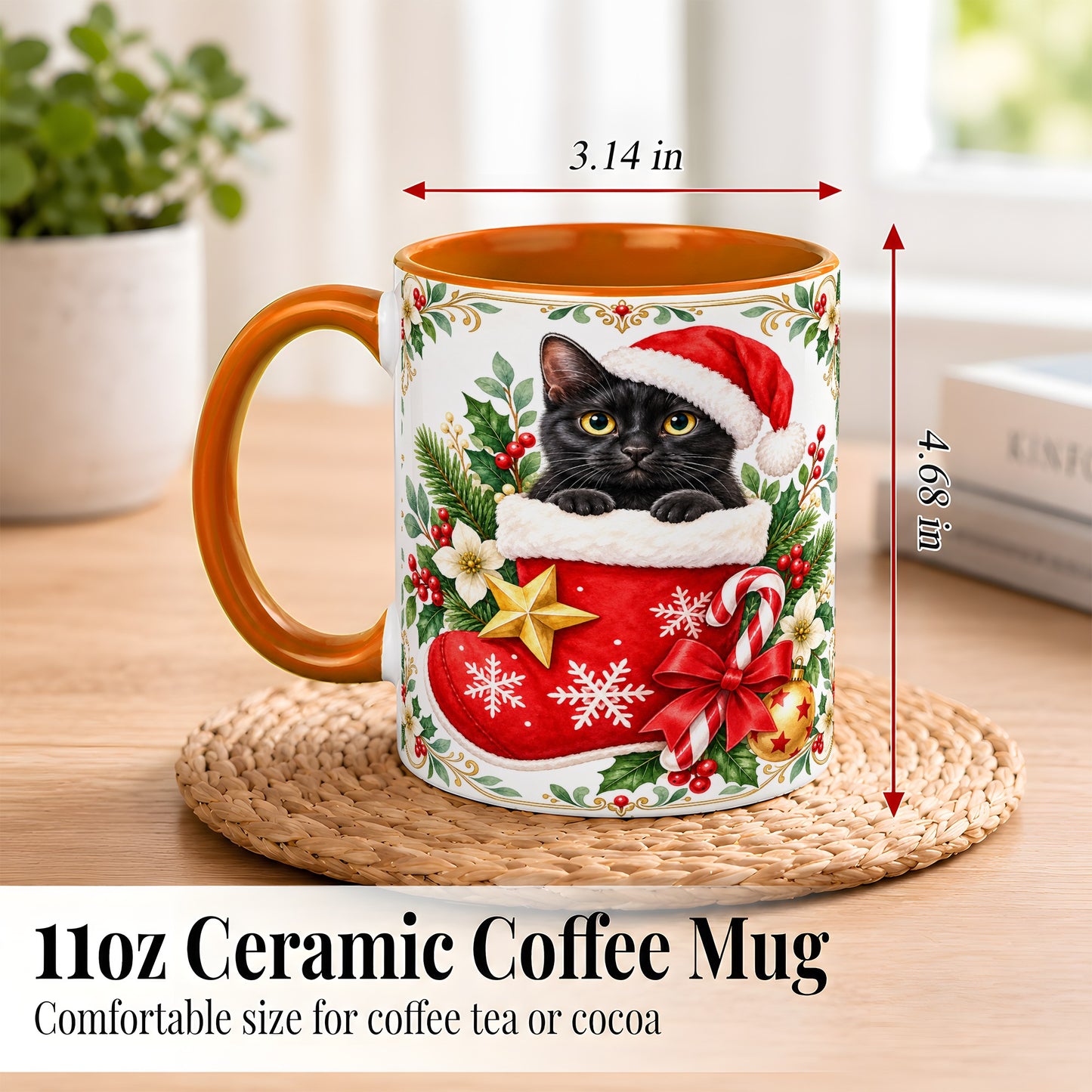#pl[11oz|Orange] Black Cat Christmas Stocking Coffee Mug, Holiday Cat Mug, Ceramic Cup