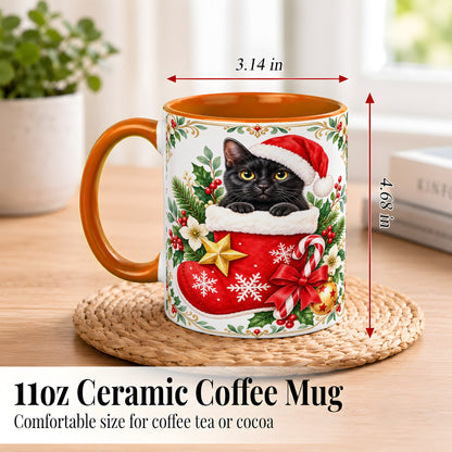 #pl[11oz|Orange] Black Cat Christmas Stocking Coffee Mug, Holiday Cat Mug, Ceramic Cup