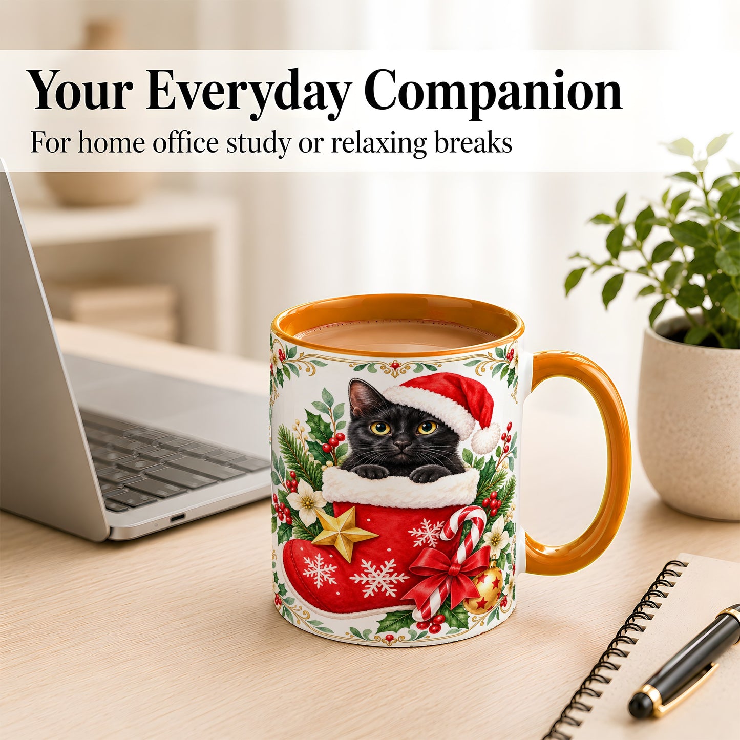 #pl[11oz|Orange] Black Cat Christmas Stocking Coffee Mug, Holiday Cat Mug, Ceramic Cup
