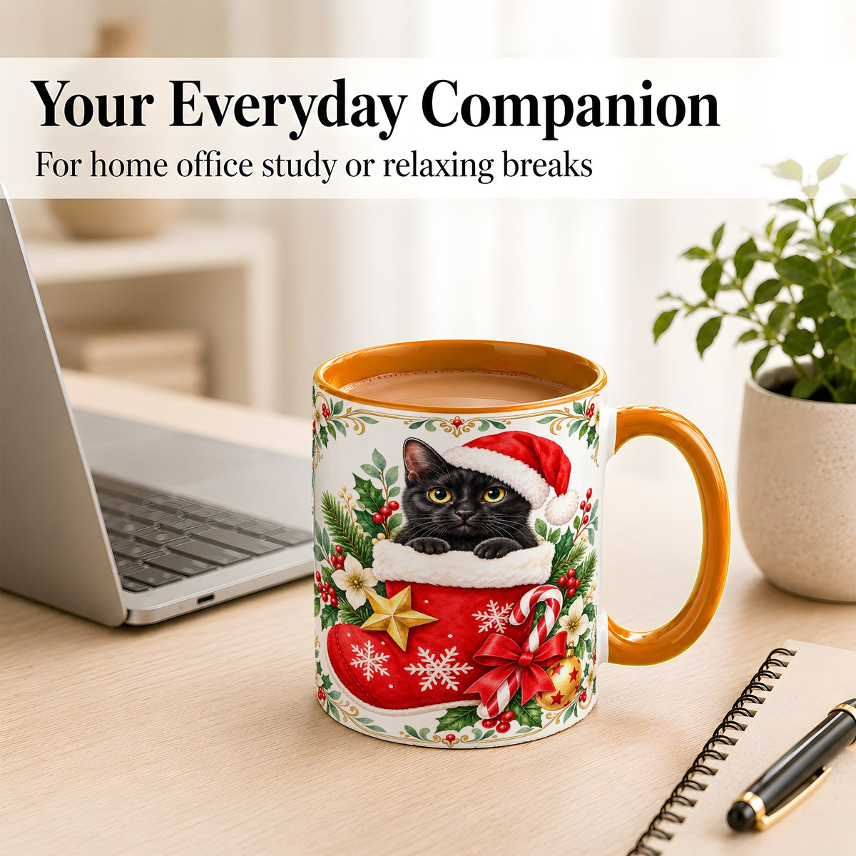 #pl[11oz|Orange] Black Cat Christmas Stocking Coffee Mug, Holiday Cat Mug, Ceramic Cup