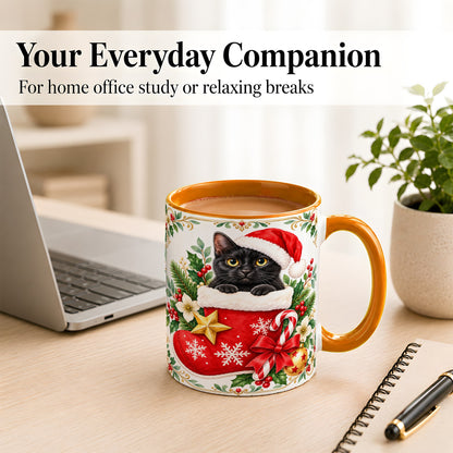 #pl[11oz|Orange] Black Cat Christmas Stocking Coffee Mug, Holiday Cat Mug, Ceramic Cup