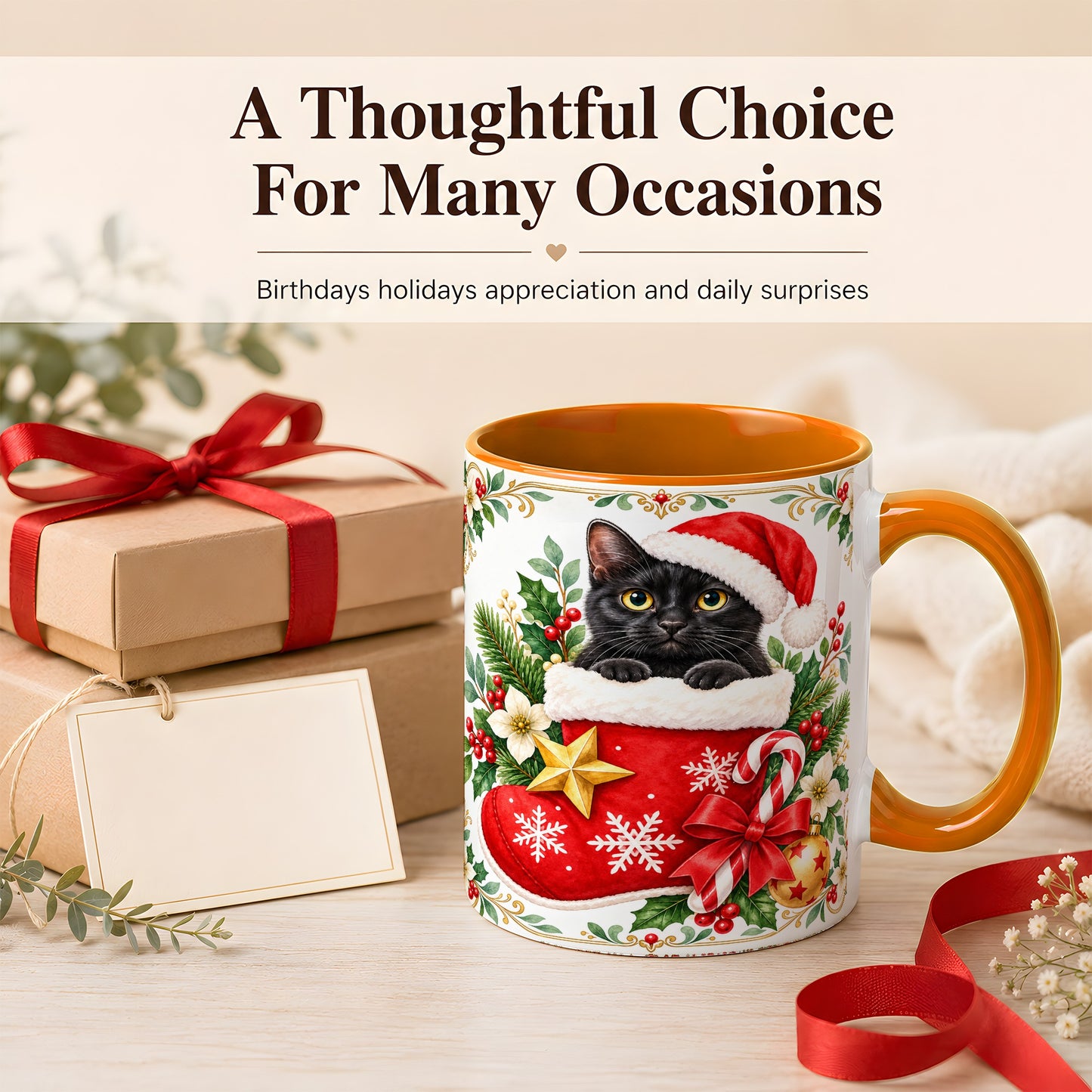 #pl[11oz|Orange] Black Cat Christmas Stocking Coffee Mug, Holiday Cat Mug, Ceramic Cup