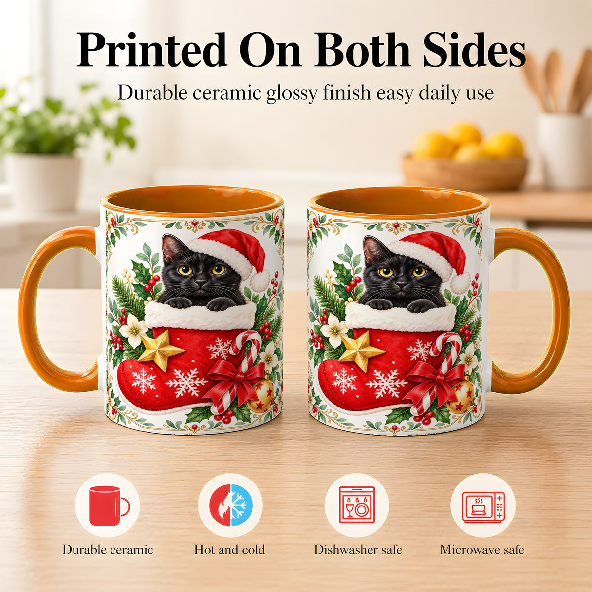 #pl[11oz|Orange] Black Cat Christmas Stocking Coffee Mug, Holiday Cat Mug, Ceramic Cup