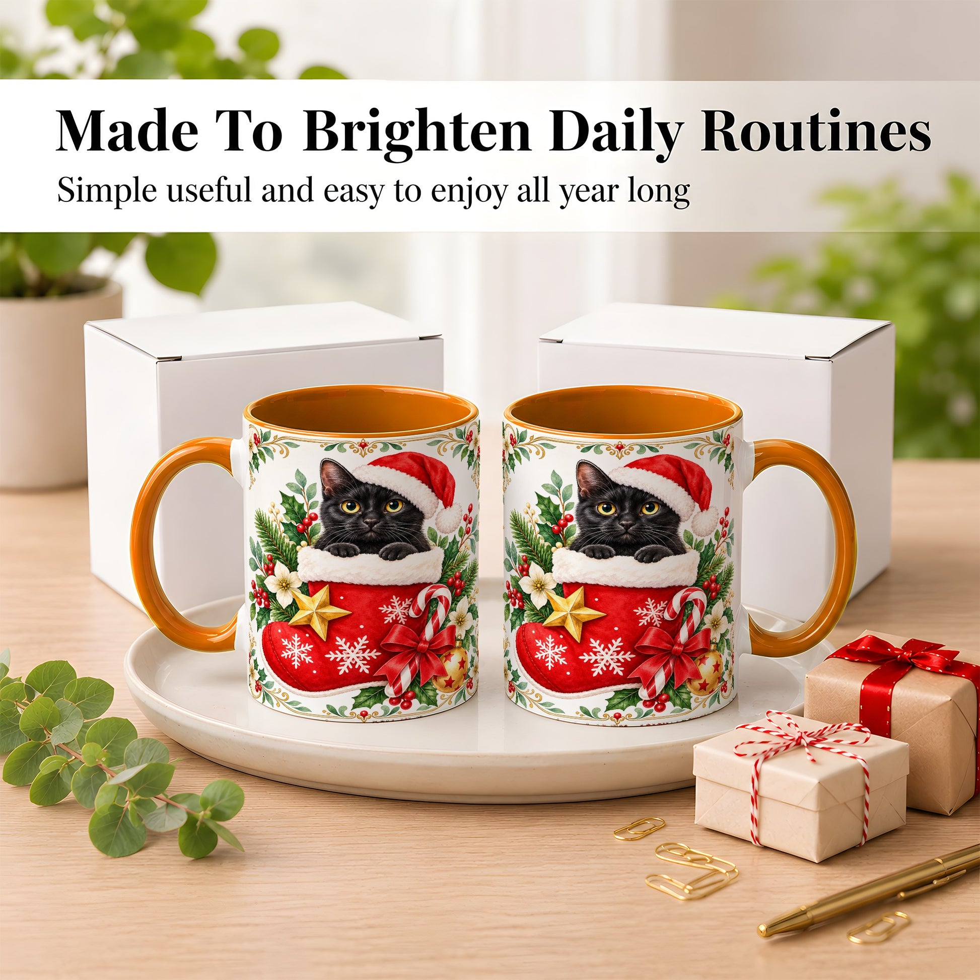 #pl[11oz|Orange] Black Cat Christmas Stocking Coffee Mug, Holiday Cat Mug, Ceramic Cup