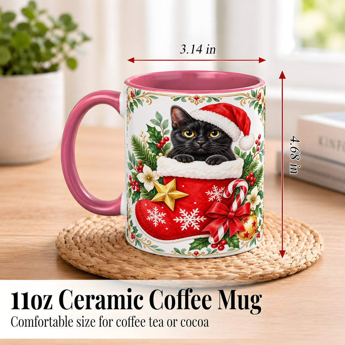 #pl[11oz|Pink] Black Cat Christmas Stocking Coffee Mug, Holiday Cat Mug, Ceramic Cup