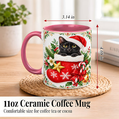 #pl[11oz|Pink] Black Cat Christmas Stocking Coffee Mug, Holiday Cat Mug, Ceramic Cup