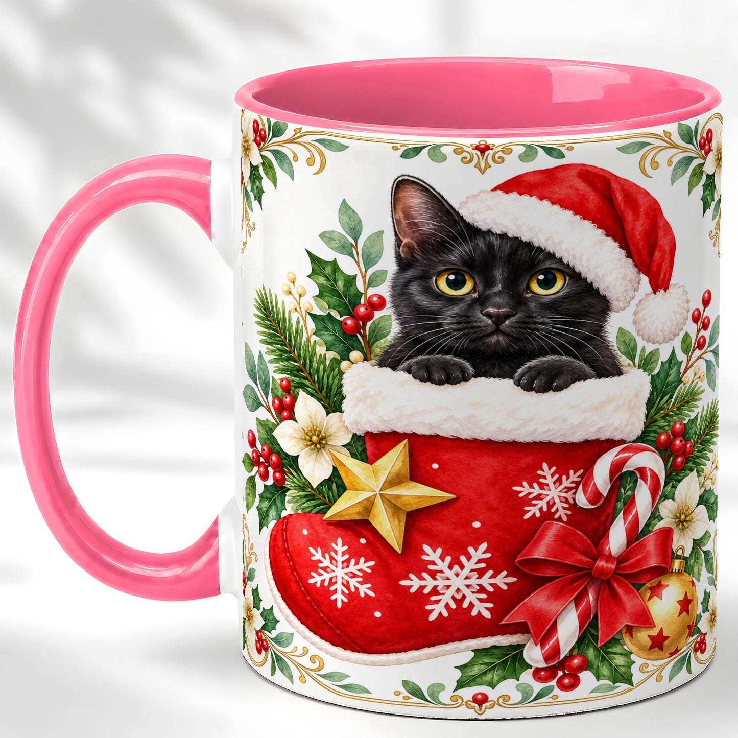 #pl[11oz|Pink] Black Cat Christmas Stocking Coffee Mug, Holiday Cat Mug, Ceramic Cup