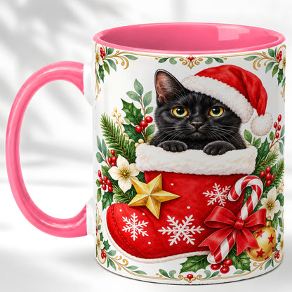 #pl[11oz|Pink] Black Cat Christmas Stocking Coffee Mug, Holiday Cat Mug, Ceramic Cup