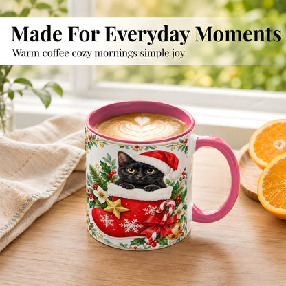 #pl[11oz|Pink] Black Cat Christmas Stocking Coffee Mug, Holiday Cat Mug, Ceramic Cup