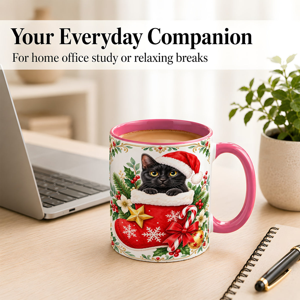 #pl[11oz|Pink] Black Cat Christmas Stocking Coffee Mug, Holiday Cat Mug, Ceramic Cup