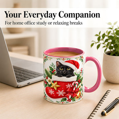 #pl[11oz|Pink] Black Cat Christmas Stocking Coffee Mug, Holiday Cat Mug, Ceramic Cup