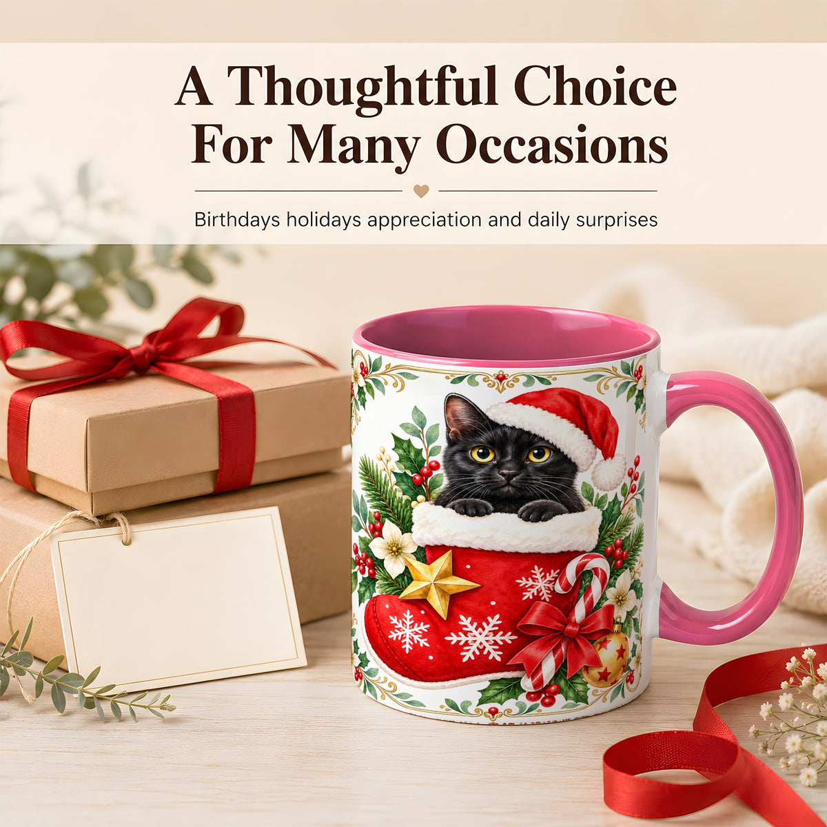 #pl[11oz|Pink] Black Cat Christmas Stocking Coffee Mug, Holiday Cat Mug, Ceramic Cup