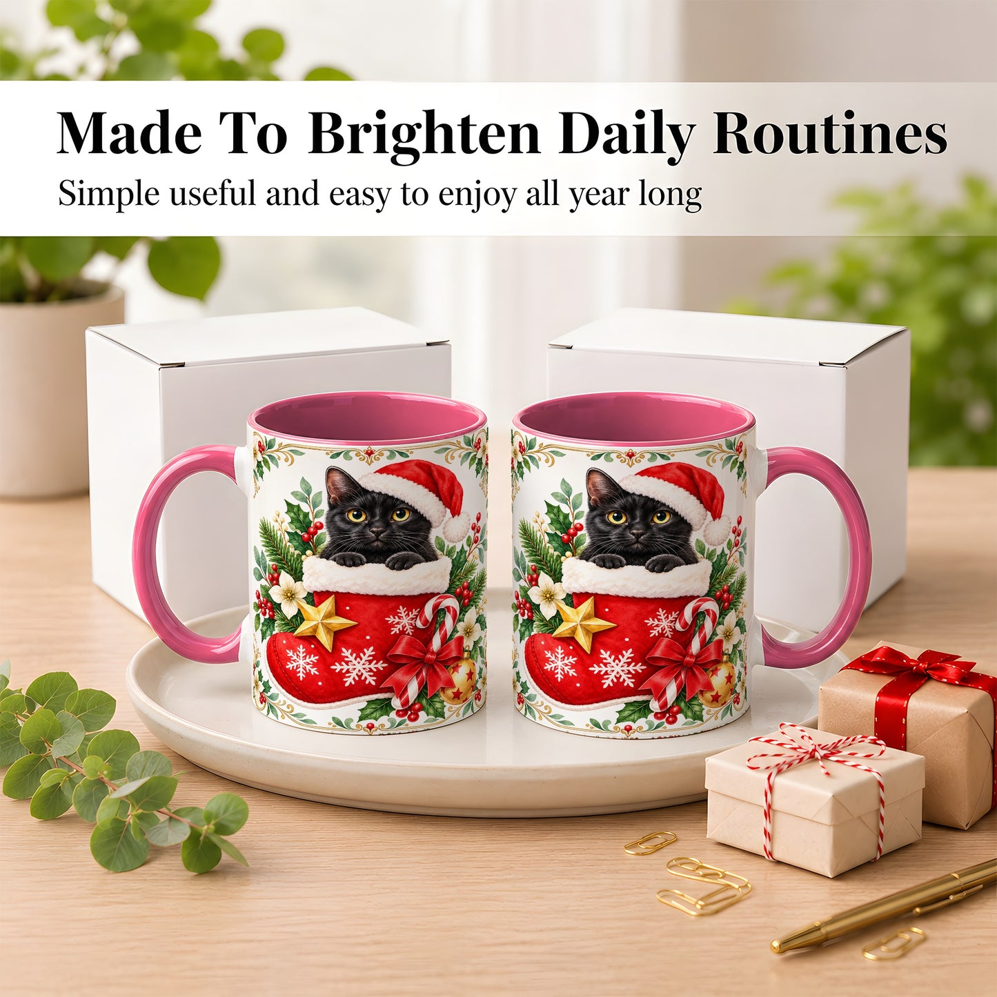 #pl[11oz|Pink] Black Cat Christmas Stocking Coffee Mug, Holiday Cat Mug, Ceramic Cup