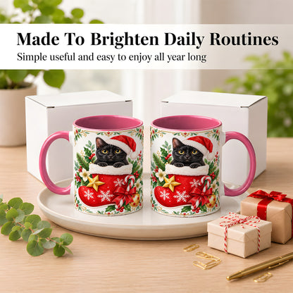 #pl[11oz|Pink] Black Cat Christmas Stocking Coffee Mug, Holiday Cat Mug, Ceramic Cup