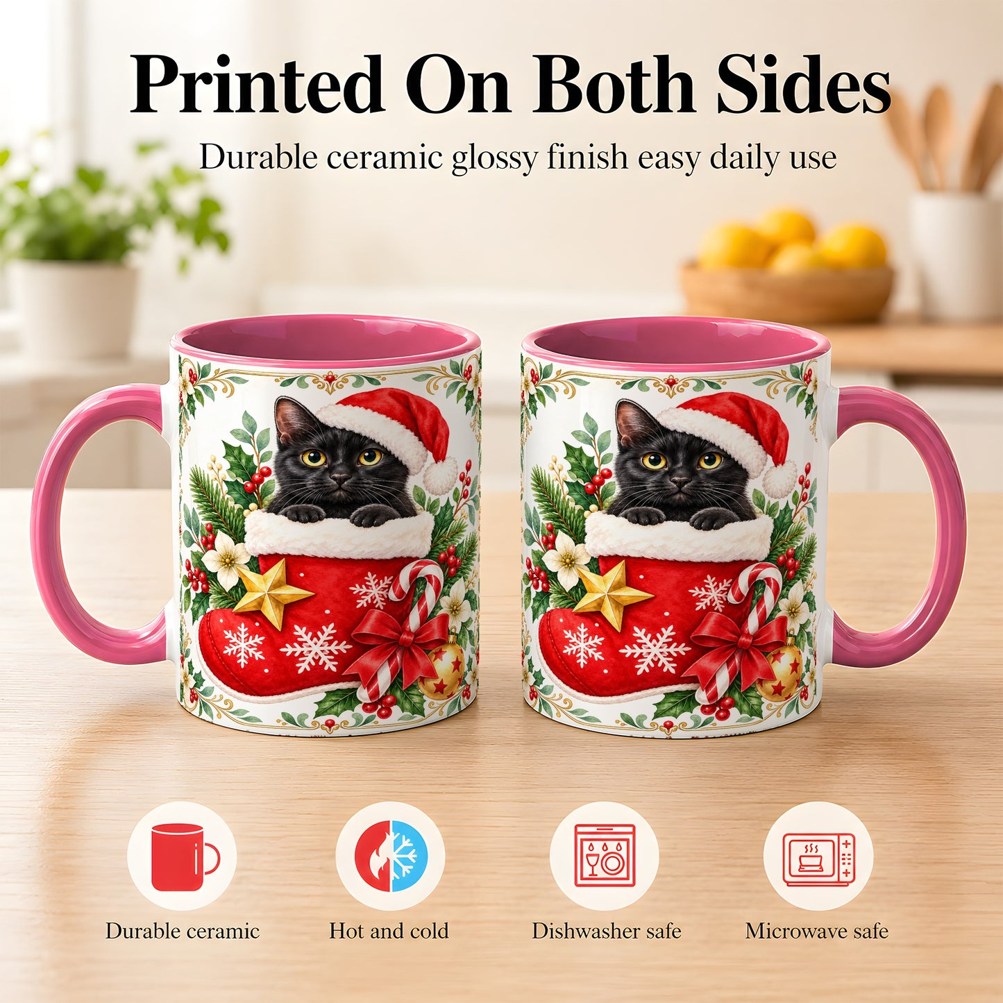 #pl[11oz|Pink] Black Cat Christmas Stocking Coffee Mug, Holiday Cat Mug, Ceramic Cup