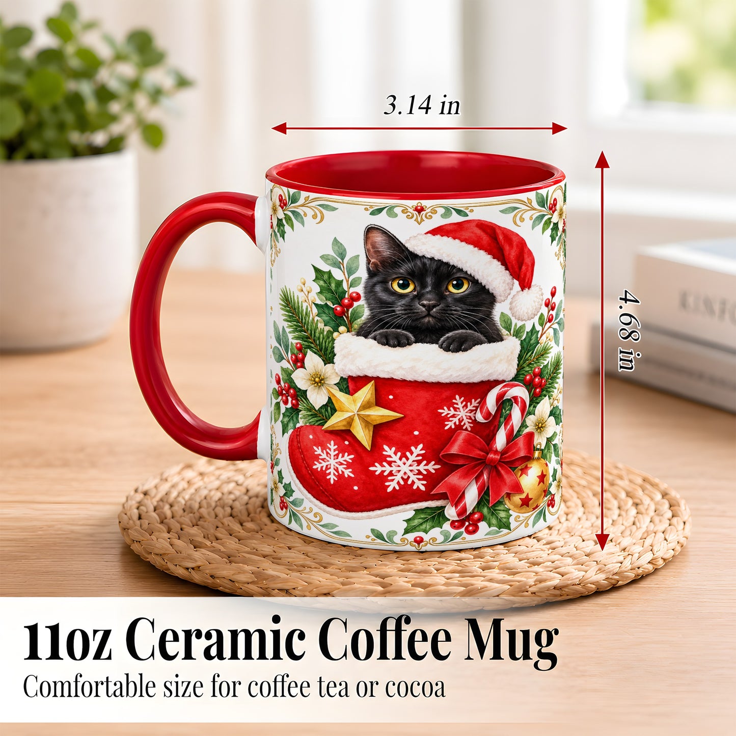 #pl[11oz|Red] Black Cat Christmas Stocking Coffee Mug, Holiday Cat Mug, Ceramic Cup