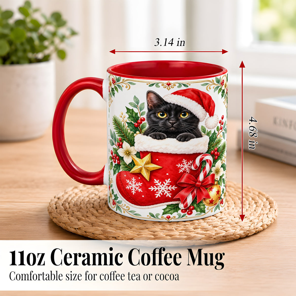 #pl[11oz|Red] Black Cat Christmas Stocking Coffee Mug, Holiday Cat Mug, Ceramic Cup