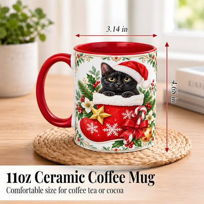 #pl[11oz|Red] Black Cat Christmas Stocking Coffee Mug, Holiday Cat Mug, Ceramic Cup