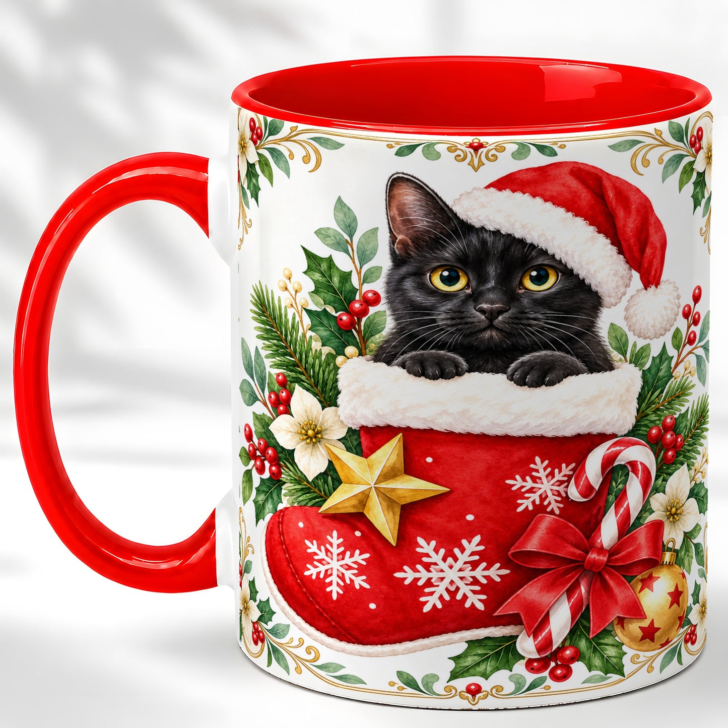 Black Cat Christmas Stocking Coffee Mug, Holiday Cat Mug, Ceramic Cup