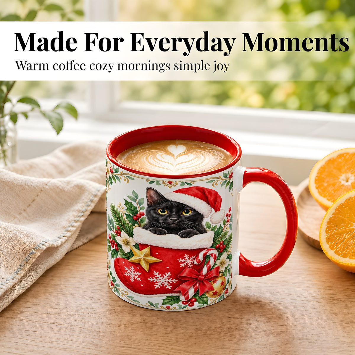 #pl[11oz|Red] Black Cat Christmas Stocking Coffee Mug, Holiday Cat Mug, Ceramic Cup