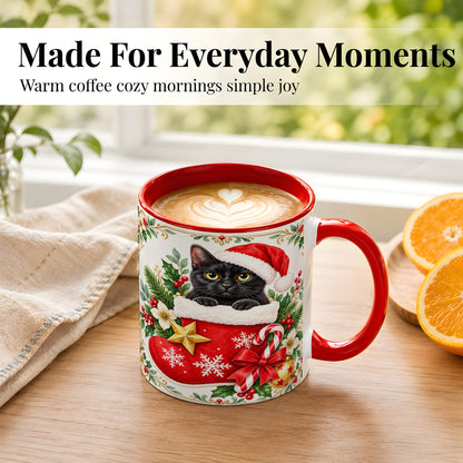 #pl[11oz|Red] Black Cat Christmas Stocking Coffee Mug, Holiday Cat Mug, Ceramic Cup