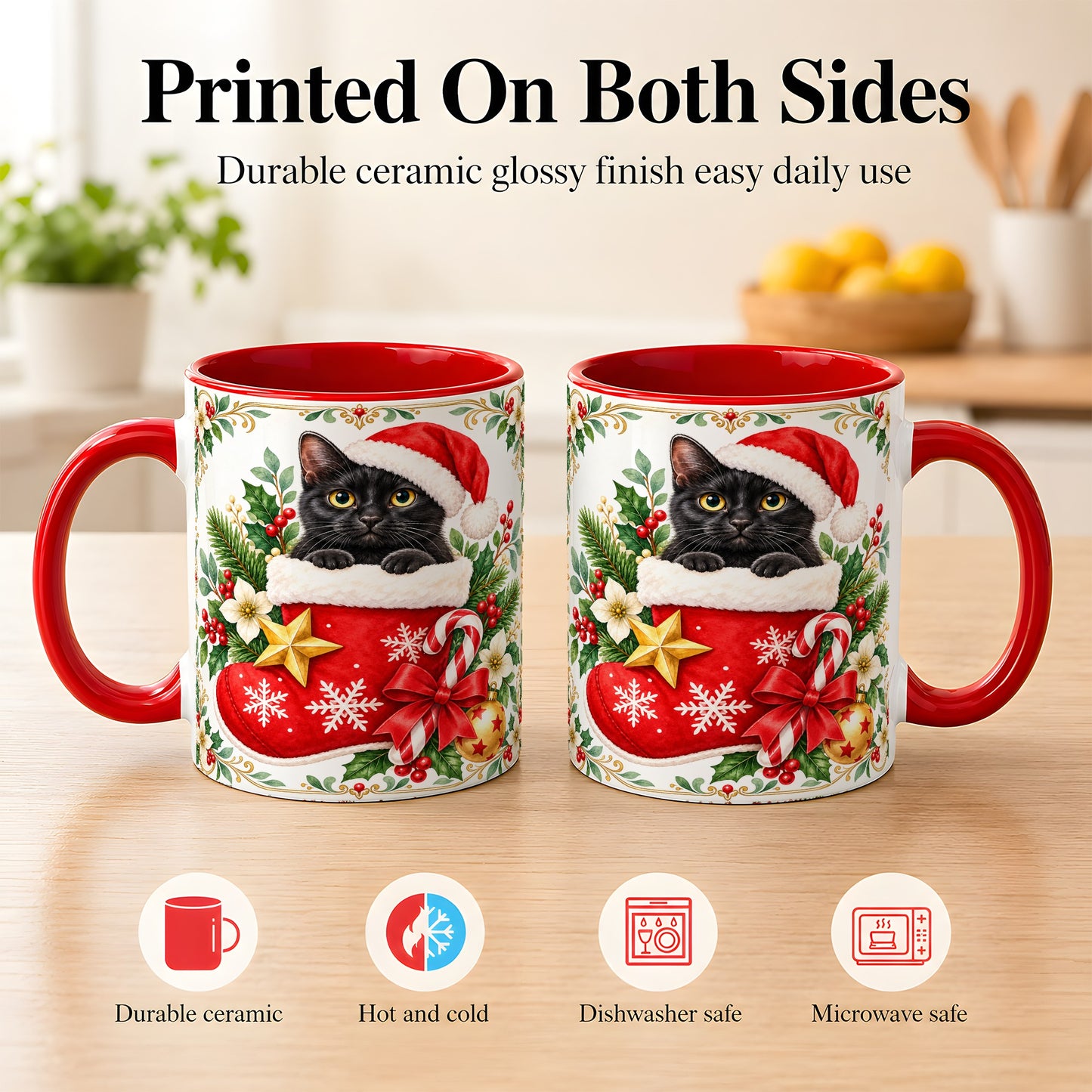 #pl[11oz|Red] Black Cat Christmas Stocking Coffee Mug, Holiday Cat Mug, Ceramic Cup