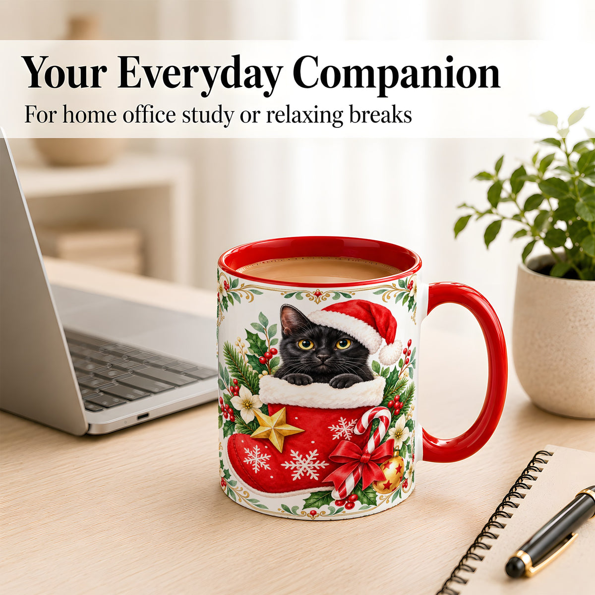#pl[11oz|Red] Black Cat Christmas Stocking Coffee Mug, Holiday Cat Mug, Ceramic Cup