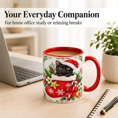 #pl[11oz|Red] Black Cat Christmas Stocking Coffee Mug, Holiday Cat Mug, Ceramic Cup