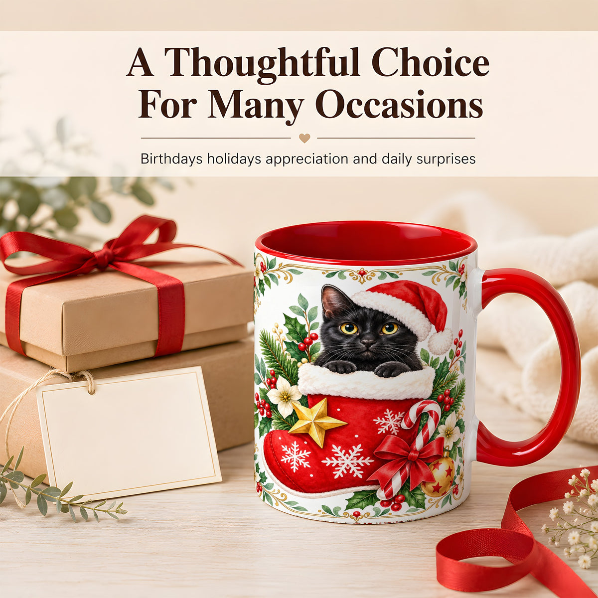 #pl[11oz|Red] Black Cat Christmas Stocking Coffee Mug, Holiday Cat Mug, Ceramic Cup