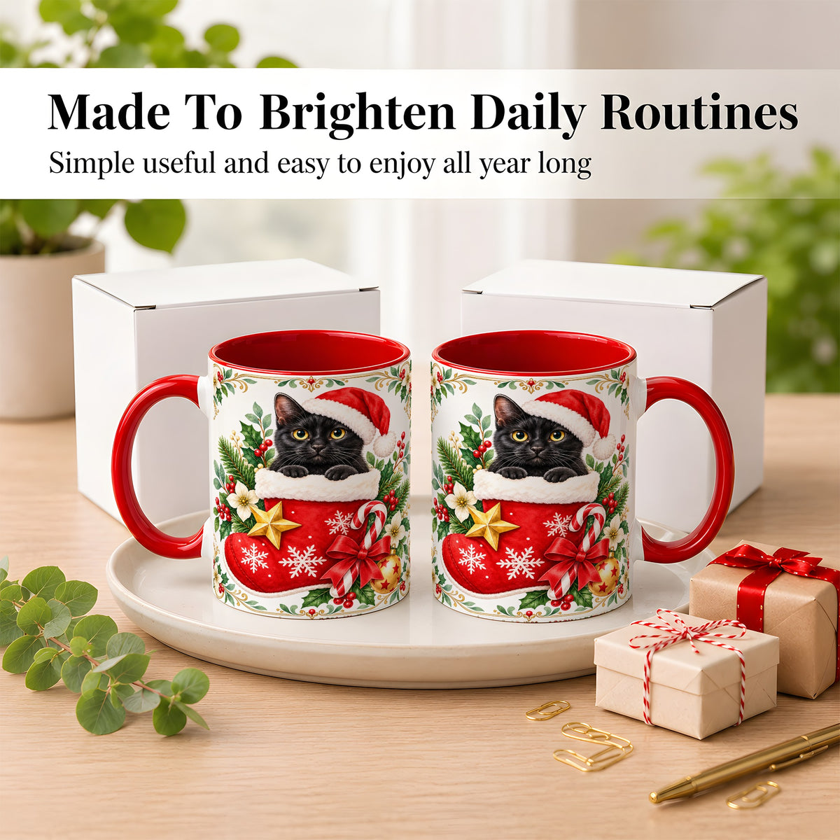 #pl[11oz|Red] Black Cat Christmas Stocking Coffee Mug, Holiday Cat Mug, Ceramic Cup