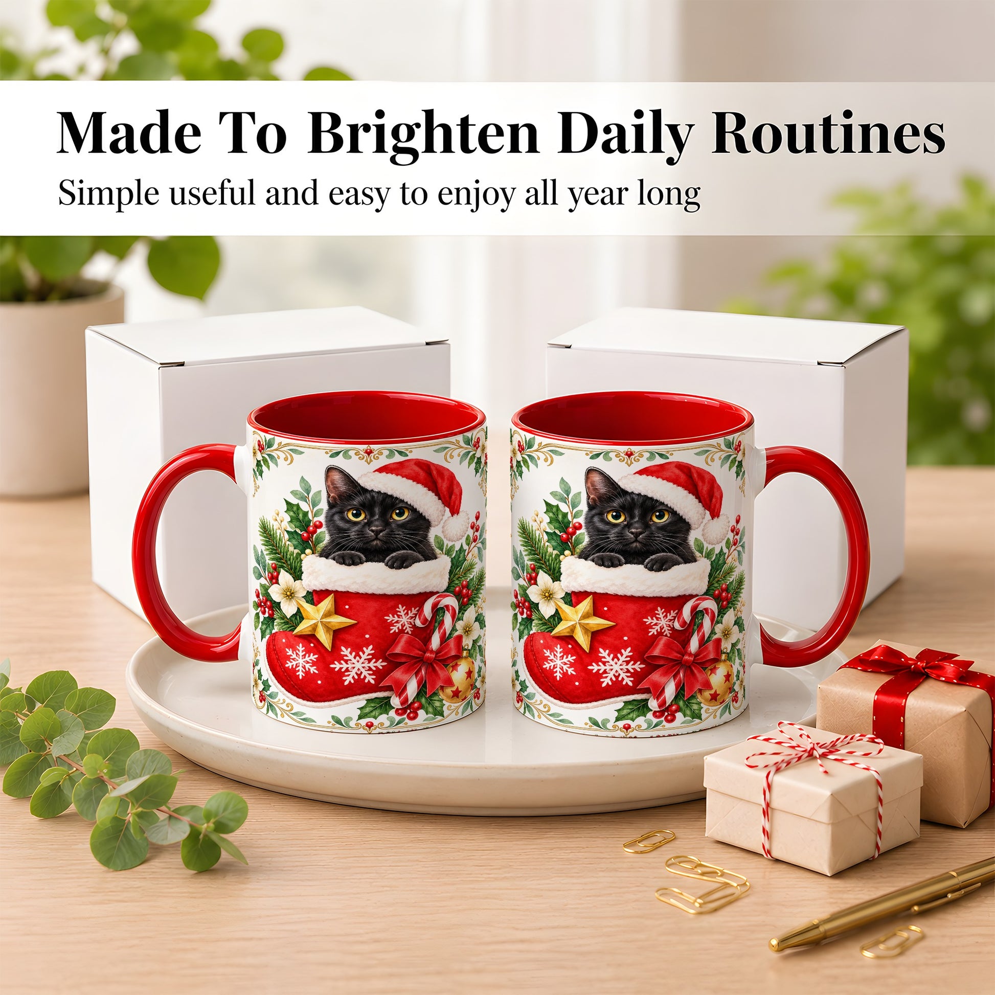 #pl[11oz|Red] Black Cat Christmas Stocking Coffee Mug, Holiday Cat Mug, Ceramic Cup