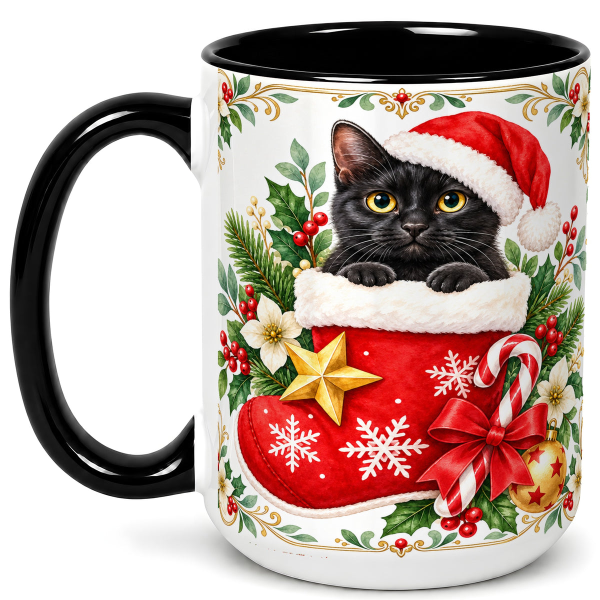#pl[15oz|Black] Black Cat Christmas Stocking Coffee Mug, Holiday Cat Mug, Ceramic Cup