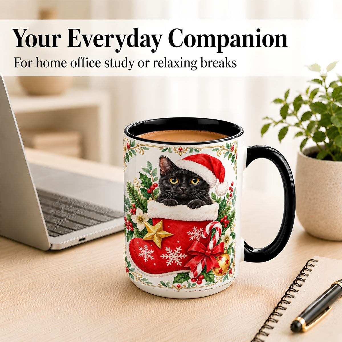 #pl[15oz|Black] Black Cat Christmas Stocking Coffee Mug, Holiday Cat Mug, Ceramic Cup