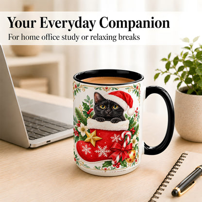 #pl[15oz|Black] Black Cat Christmas Stocking Coffee Mug, Holiday Cat Mug, Ceramic Cup