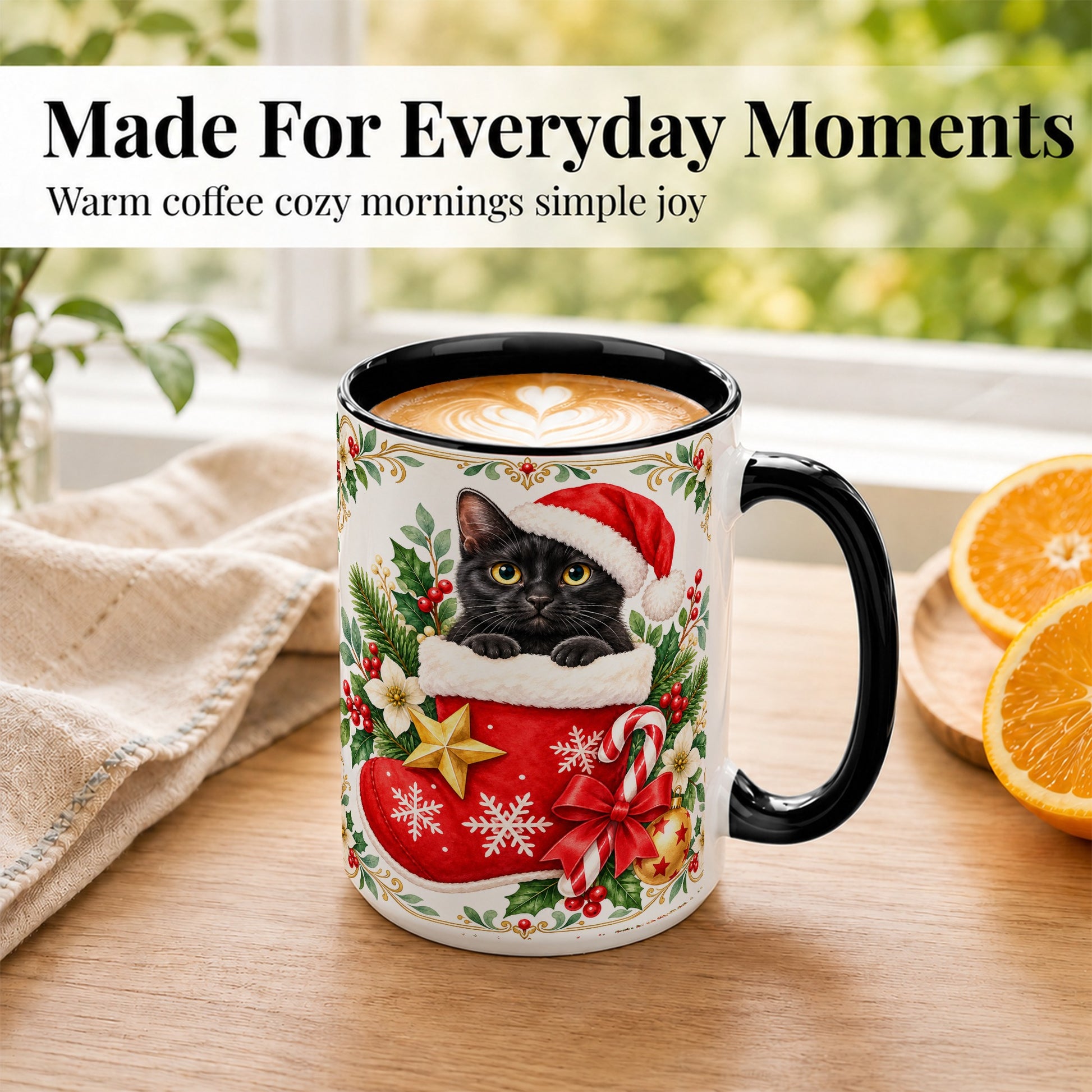 #pl[15oz|Black] Black Cat Christmas Stocking Coffee Mug, Holiday Cat Mug, Ceramic Cup