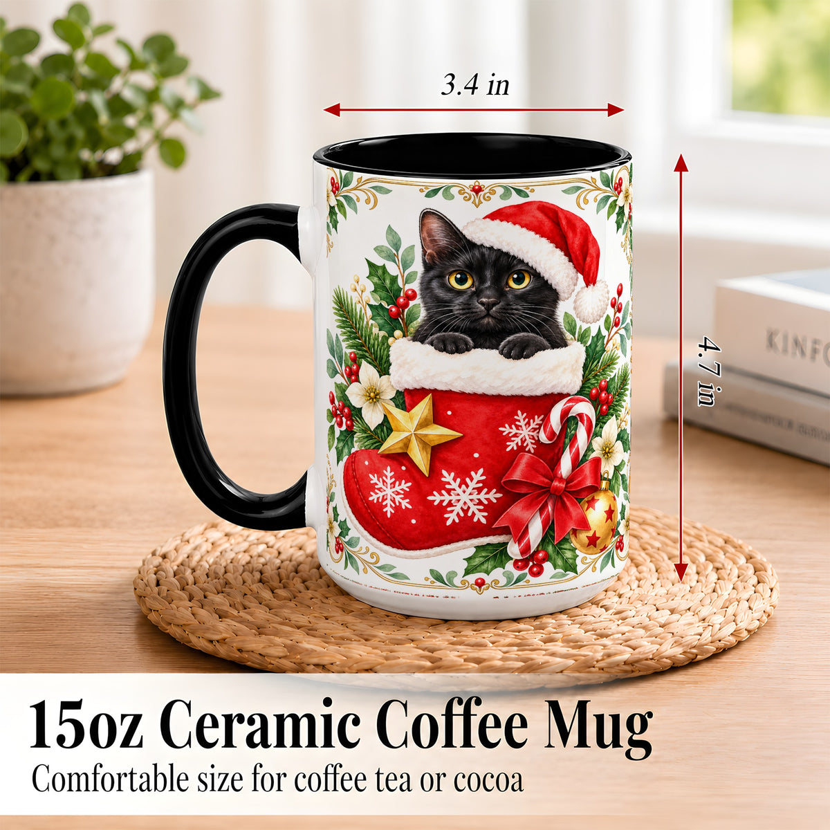 #pl[15oz|Black] Black Cat Christmas Stocking Coffee Mug, Holiday Cat Mug, Ceramic Cup