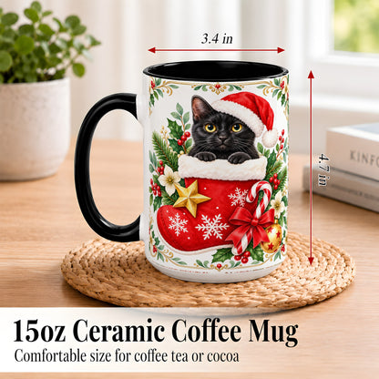 #pl[15oz|Black] Black Cat Christmas Stocking Coffee Mug, Holiday Cat Mug, Ceramic Cup