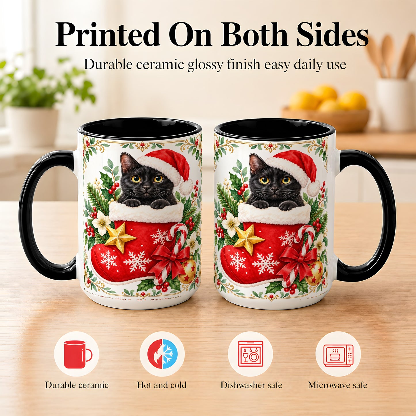 #pl[15oz|Black] Black Cat Christmas Stocking Coffee Mug, Holiday Cat Mug, Ceramic Cup