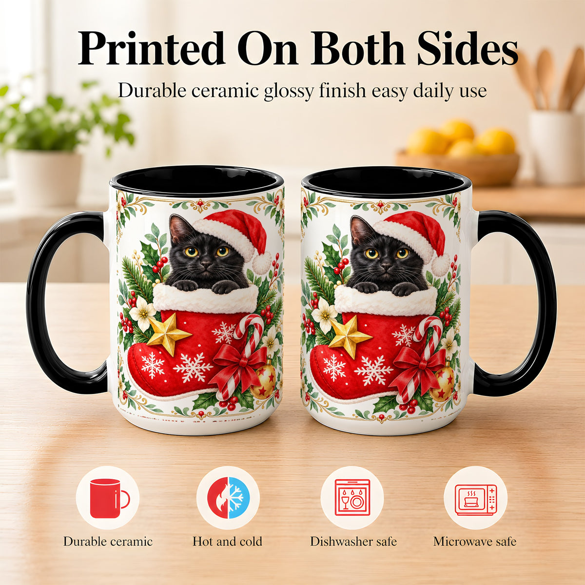 #pl[15oz|Black] Black Cat Christmas Stocking Coffee Mug, Holiday Cat Mug, Ceramic Cup