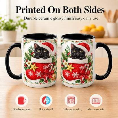 #pl[15oz|Black] Black Cat Christmas Stocking Coffee Mug, Holiday Cat Mug, Ceramic Cup
