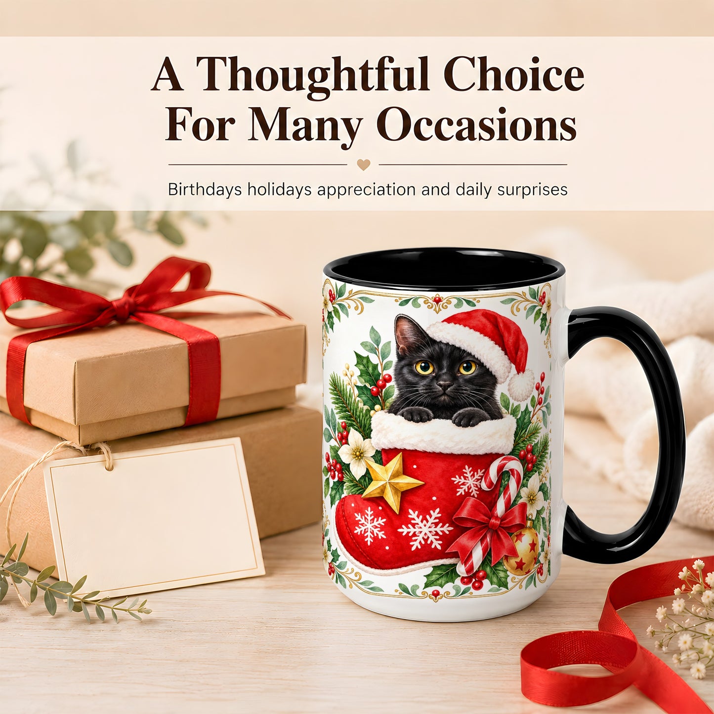 #pl[15oz|Black] Black Cat Christmas Stocking Coffee Mug, Holiday Cat Mug, Ceramic Cup