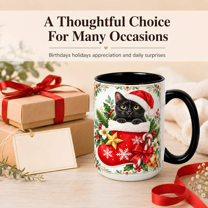 #pl[15oz|Black] Black Cat Christmas Stocking Coffee Mug, Holiday Cat Mug, Ceramic Cup