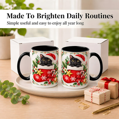#pl[15oz|Black] Black Cat Christmas Stocking Coffee Mug, Holiday Cat Mug, Ceramic Cup