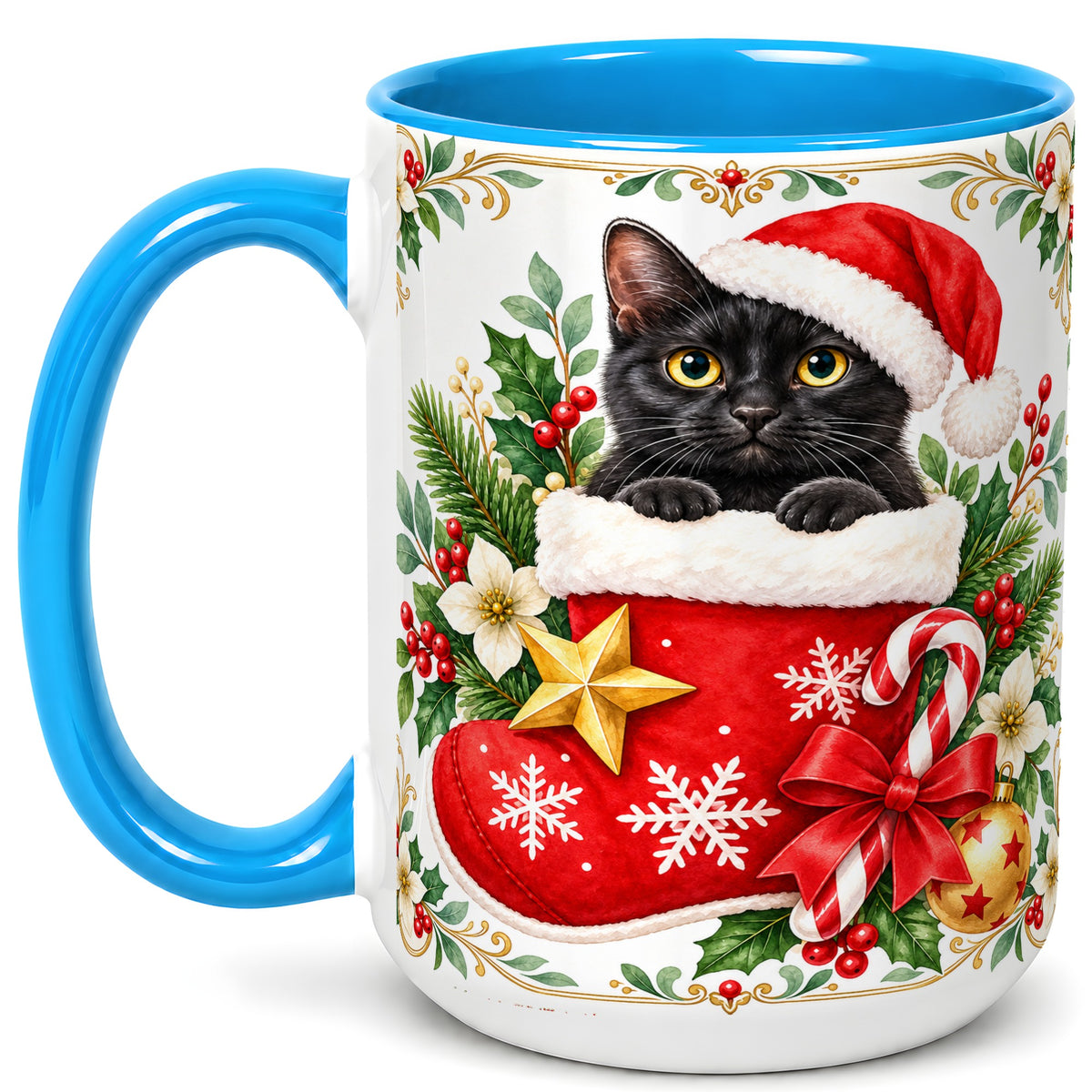 #pl[15oz|Blue] Black Cat Christmas Stocking Coffee Mug, Holiday Cat Mug, Ceramic Cup
